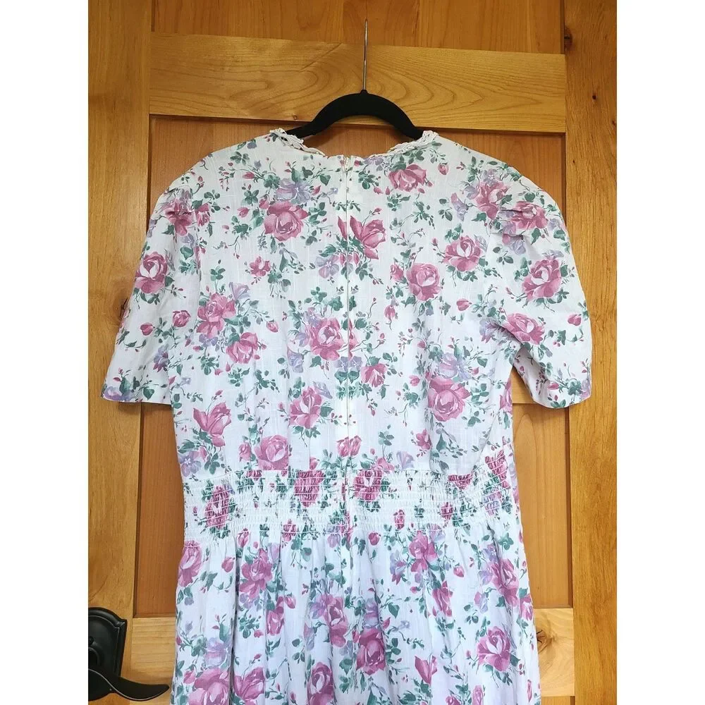 Vintage Stuart‎ Allan Sz 16 Floral Cottagecore Dress Lace Trim Elastic Waistband